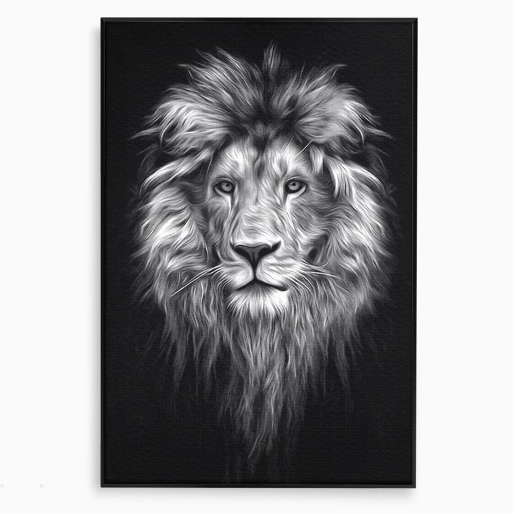 Tablou canvas cu tablou canvas cu leu alb negru, in rama de aluminiu negru